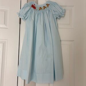 Light Blue Smocked Christmas Dress with Santa and his reindeer